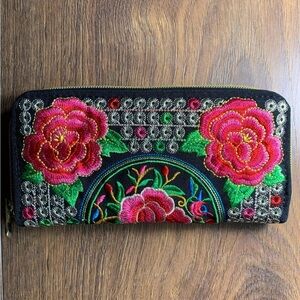 Embroidered Floral Zip Wallet - Black and Pink